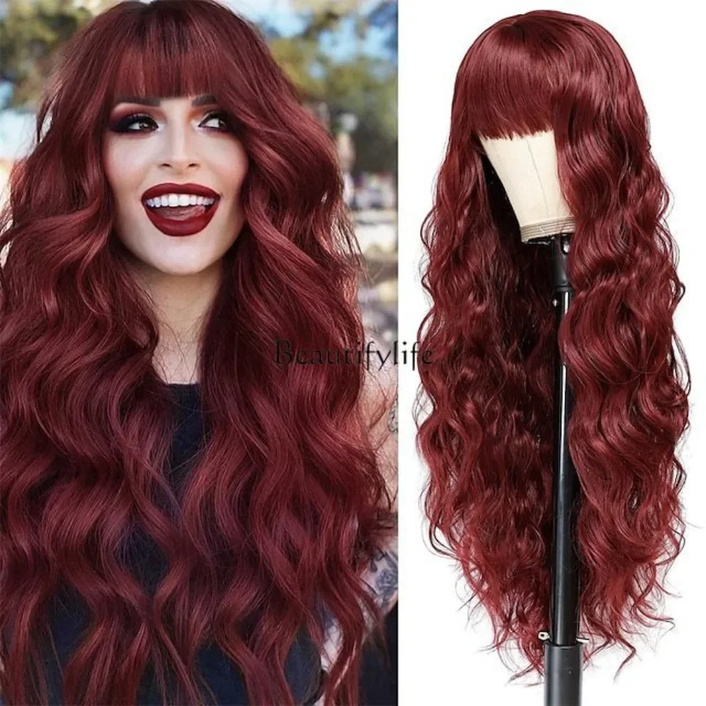 

Fashion Rose Net Air Qi Bangs Long Curly Hair Water Ripple Wig, Chemical Fiber Full Headgear