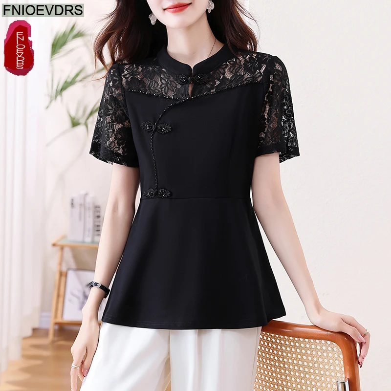 

Black Lace Stand Collar Retro Vintage Tops Blouses Elegant Women 2025 Short Sleeve Office Lady Hollow Out Cotton Blends Shirts