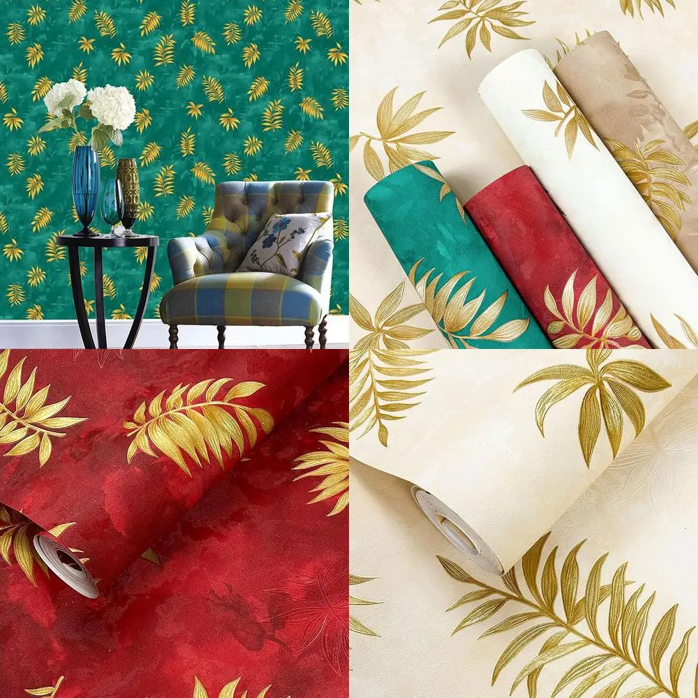 Emerald Green 3D Gold Leaf Branch Wallpaper for Living Room Dining Room Hotel Guesthouse Luxury Background Wall Décor