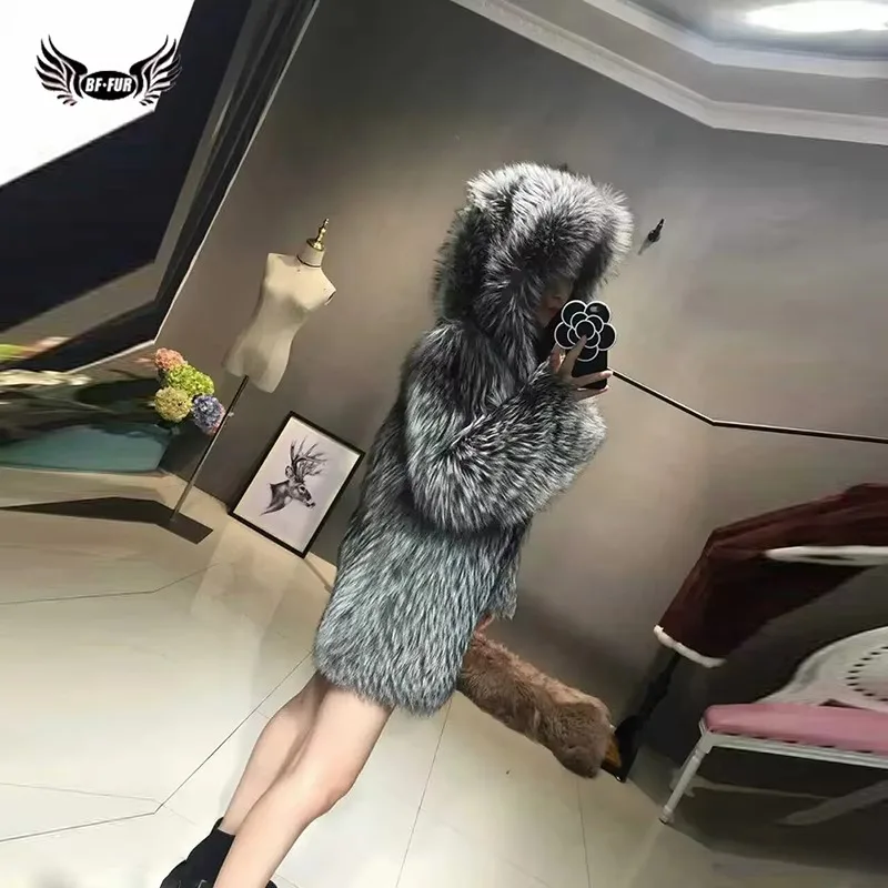 BFFUR Fashion Natrual Real Silver Fox Fur Coat Winter Women'S Genuine Full Pelt Fox Coats Short Outdoor Jacket Thick Warm Coat