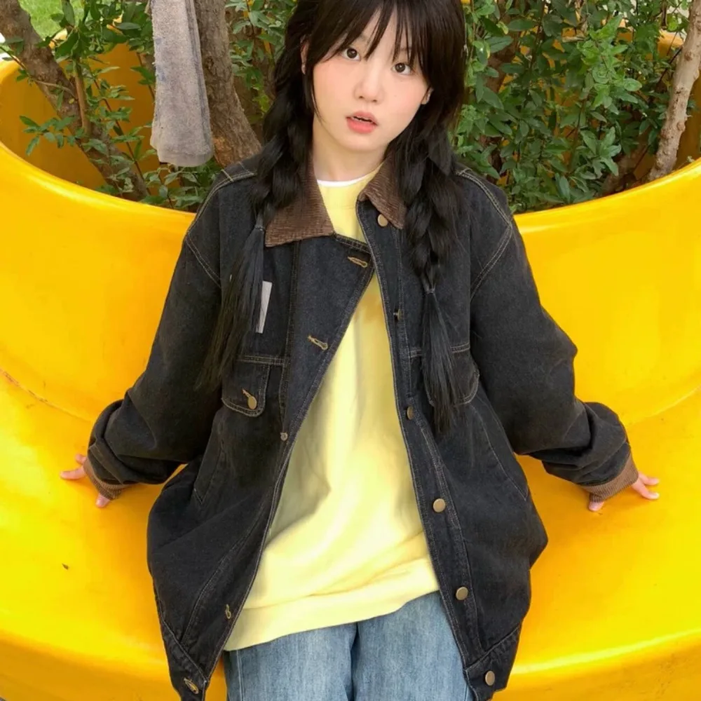 

Women Vintage Jackets Single Breasted Pockets Denim Designed American Style Autumn All-match Fashion Young Patchwork Streetwear