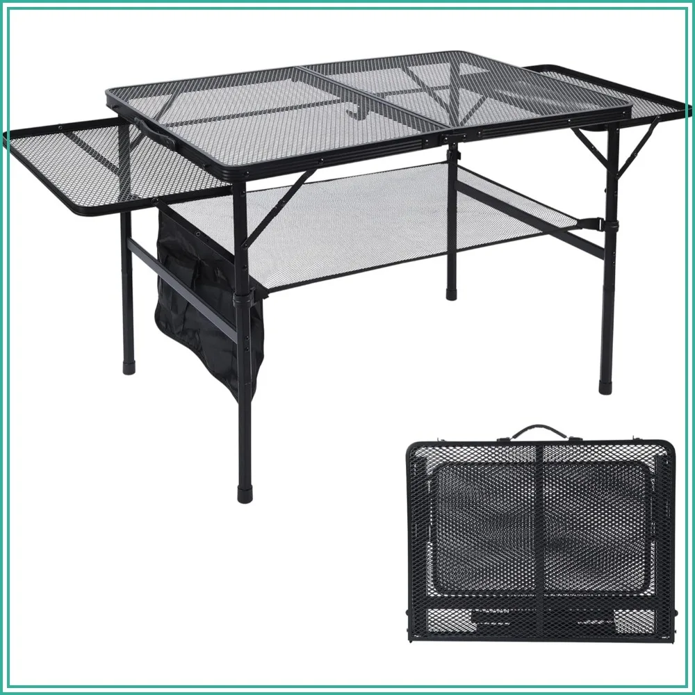 

3x2 FT Folding Grill Table with 2 Wing Panels, Height Adjustable Portable Camping Table, Mesh Desktop & Bag for Outdoor BBQ, Picnic, Beach