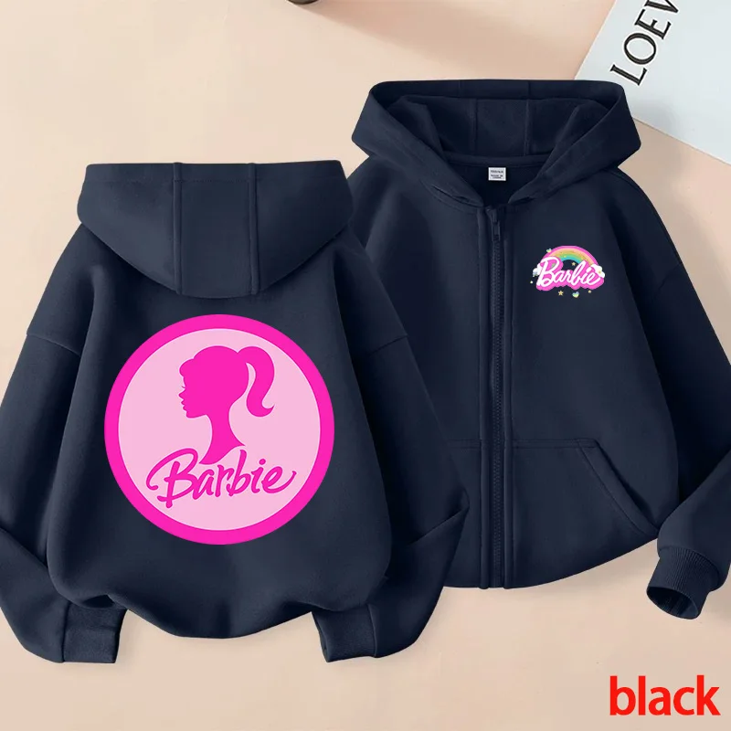 Kids Boys Girls Autumn Winter Zip Up Hoodie Casual Barbie Print Long Sleeve Hooded Sweatshirt for Children Daily Wear