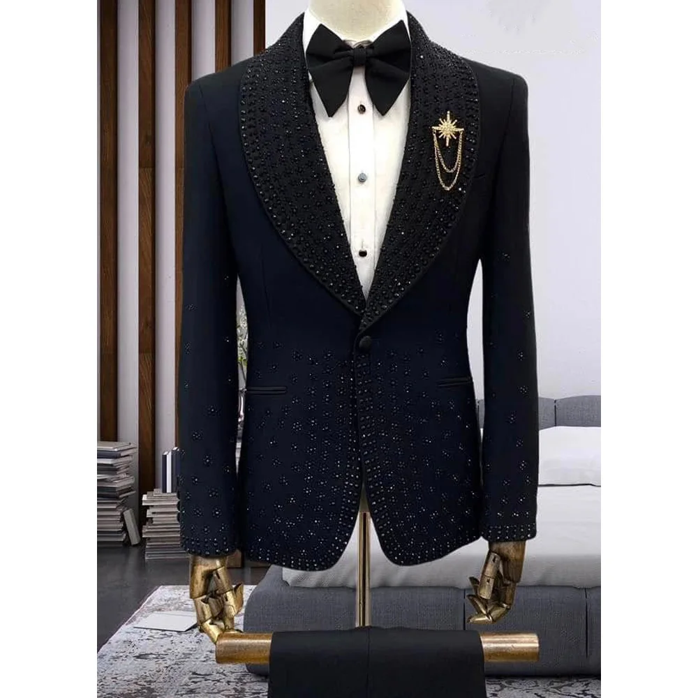 Luxury Black Crystal Men Suits 2 Pieces Sets Groom Wedding Tuxedos Notched Lapel Male Prom Party Blazer Slim Fit Costume Homme
