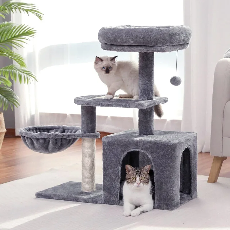 Cat Tower With Large Cat Condo Plush Cat Tree Comfy Deep Hammock Sisal Cat Scratching Post For Home Small Medium Cats Supplies