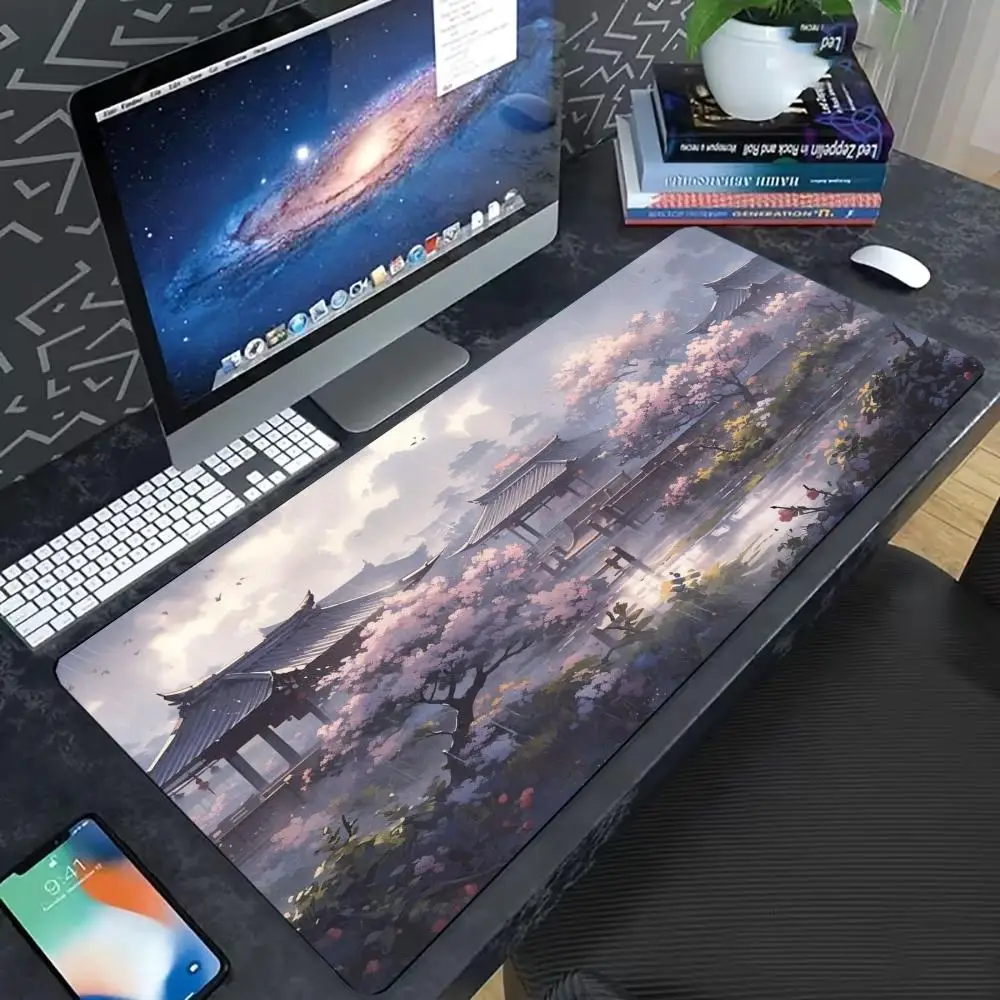 Aesthetic Cherry Blossom Night View Large Mousepad, Oriental Mountain Lake Scenery Print Non‑Slip Extended Desk Mat
