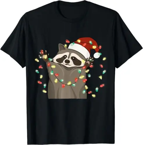 Raccoon Christmas Tree Lights Pajama Lover Xmas funny T-Shirt  S-5XL