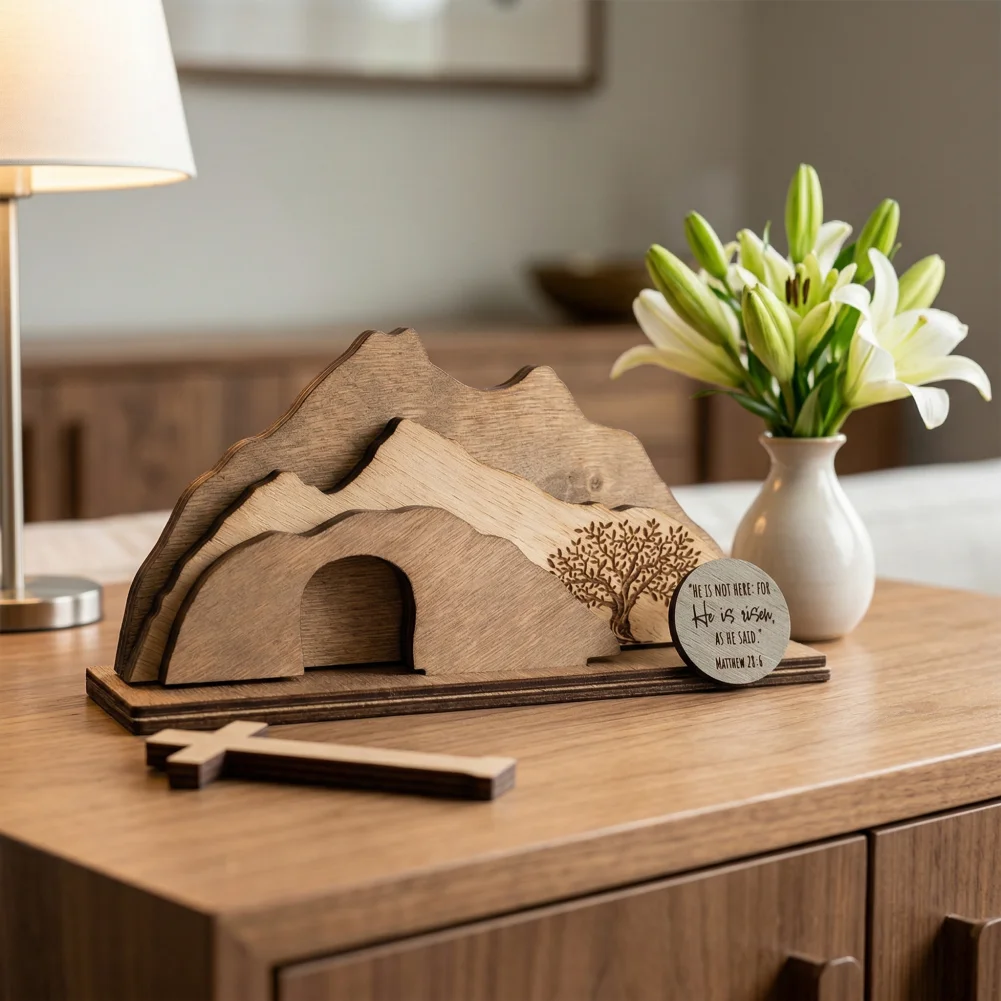 Ornement de Pâques en bois, tombe vide en bois, décoration de Pâques, scène de la Résurrection de Jésus, panneau de table, ornement catholique pour la maison et le bureau
