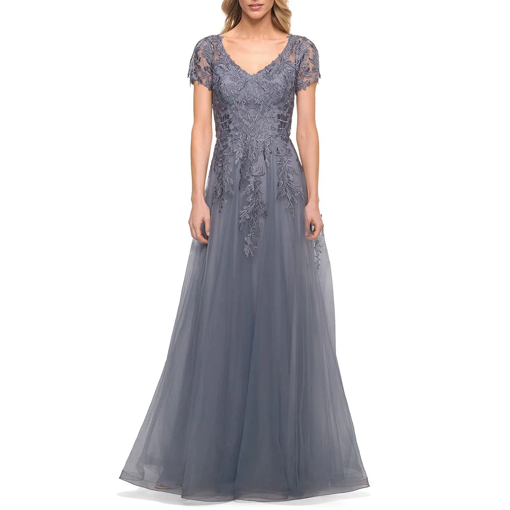 

Elegant A Line Mother of the Bride Dress V Neck Tulle Lace Appliques Short Sleeve Floor Length Women For Wedding Party