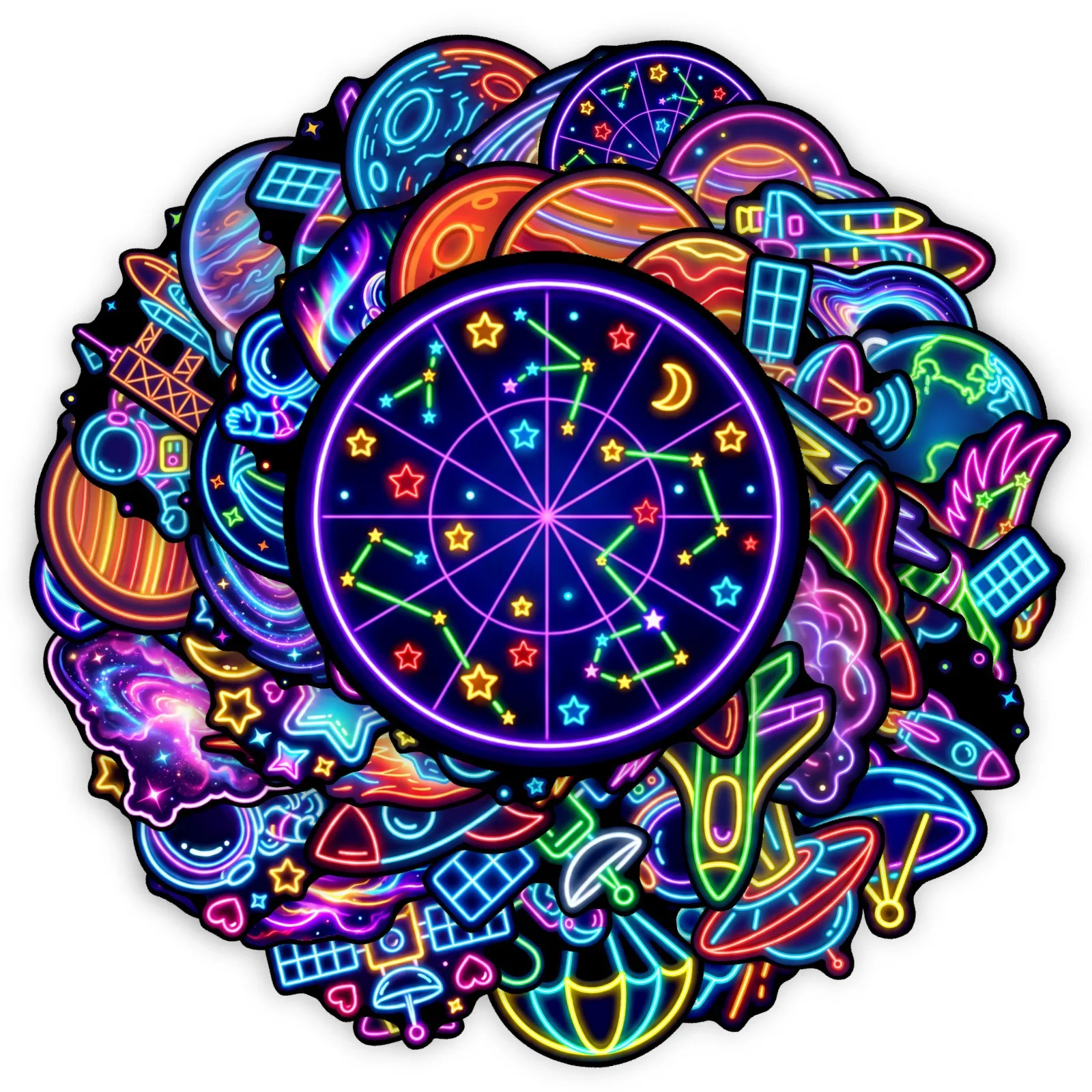 10/30/50PCS Neon Space Galaxy Stickers Aesthetic Astronaut Rocket Planet UFO Vinyl Decals Laptop Skateboard Luggage DIY Sticker