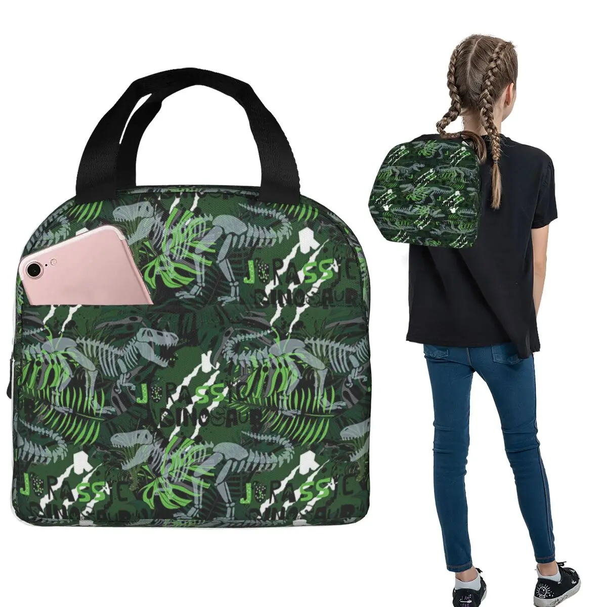 Dinosaur Fossil Green Pattern Insulated Lunch Bag for Women Kids Portable Food Boxes Thermal Lunch Box Tote