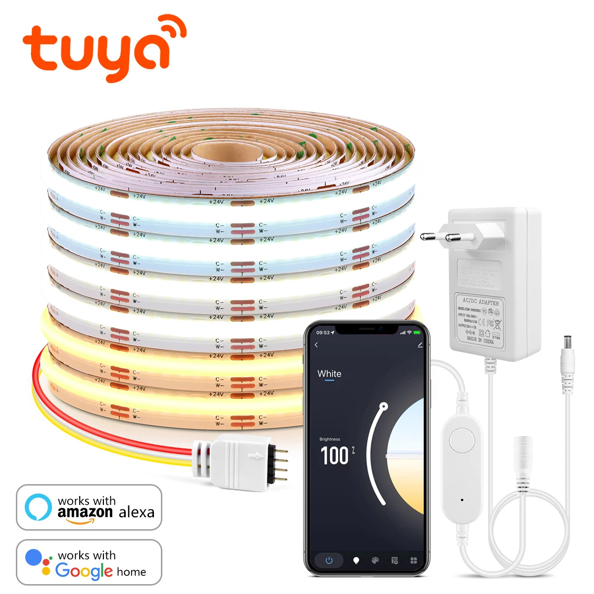 Tuya Smart WIFI COB CCT LED Strip Light DC24V 3M 5M 2700K-6500K Changeable Lamp Tape Dimmable Ribbon Work With Alexa Google Home