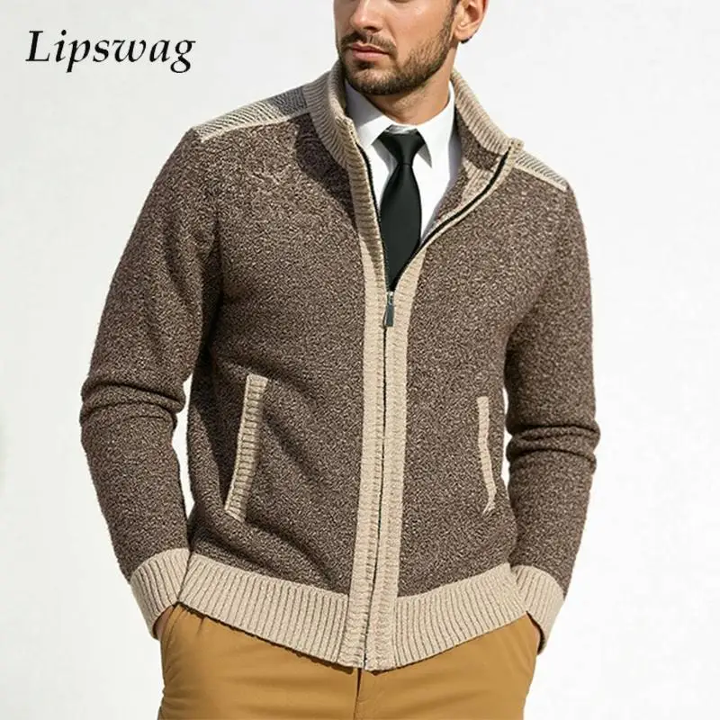 

Контрастные цвета, лоскутные вязаные куртки, мужские осенне-зимние повседневные тонкие свитера на молнии с воротником-стойкой, мужские стильные вязаные пальто