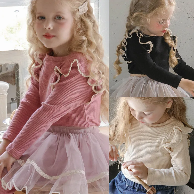 

2025 Autumn New Korean Children Girls Elegant and Cute Flying Edge Slimming Solid Long Sleeve Bottom Shirt