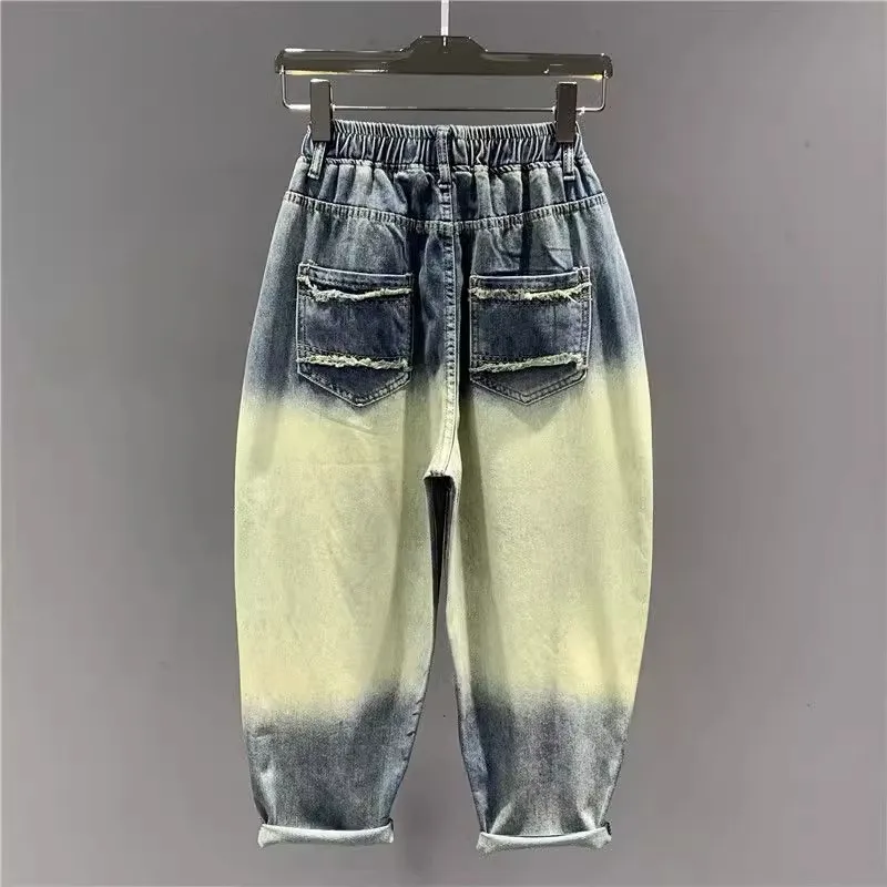 Extra Large 300 Pounds Ripped Denim Jeans Men's Autumn Winter Color Block Loose Casual Harlan Carrot Pants Straight Leg Jeans