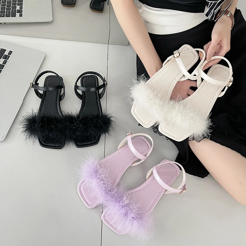 

Woman Shoes Sandals Fur Feather Fetish 2025 Trend Offers Black Flats Fashion Sexy Adult Female Low Heels Round Toe Comfortable