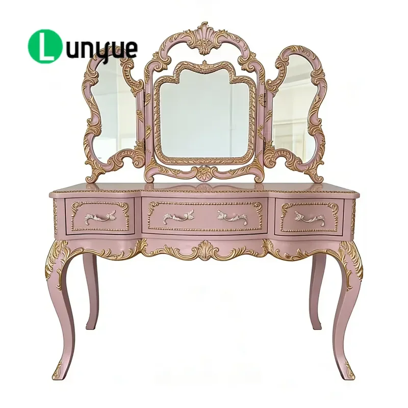 Blush Gold Rococo Dresser with Tri Fold Mirror Vintage Vanity Table for Bedroom Elegant Storage Furniture Luxury Home Decor