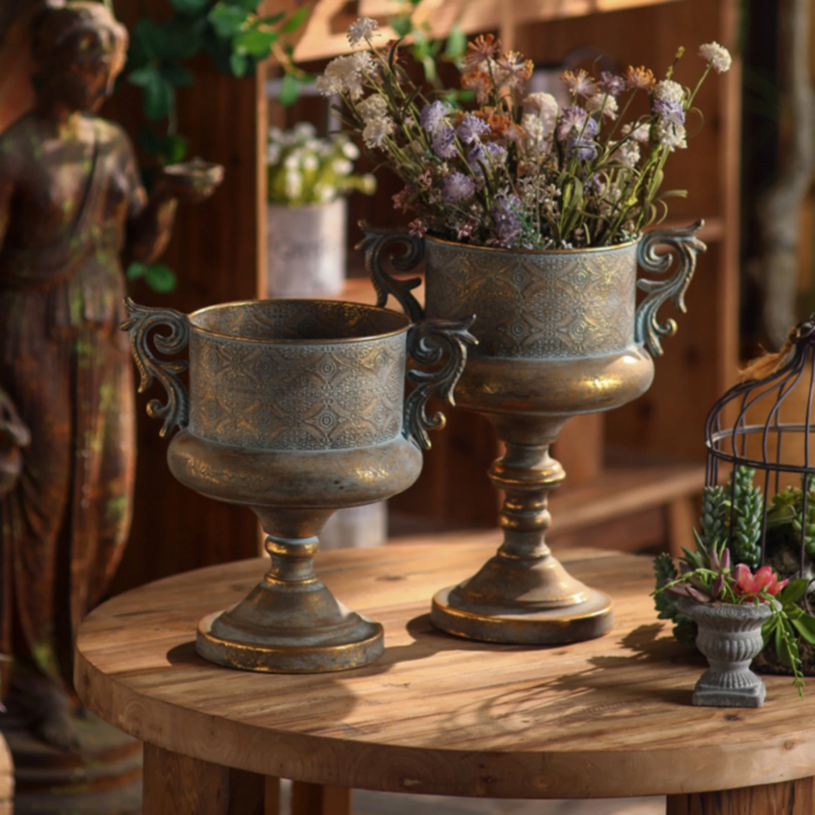 Retro Style Iron Flowerpot with Ornate Curled Handles Embossed Details Vintage Display for Home Decoration or Plant Stand