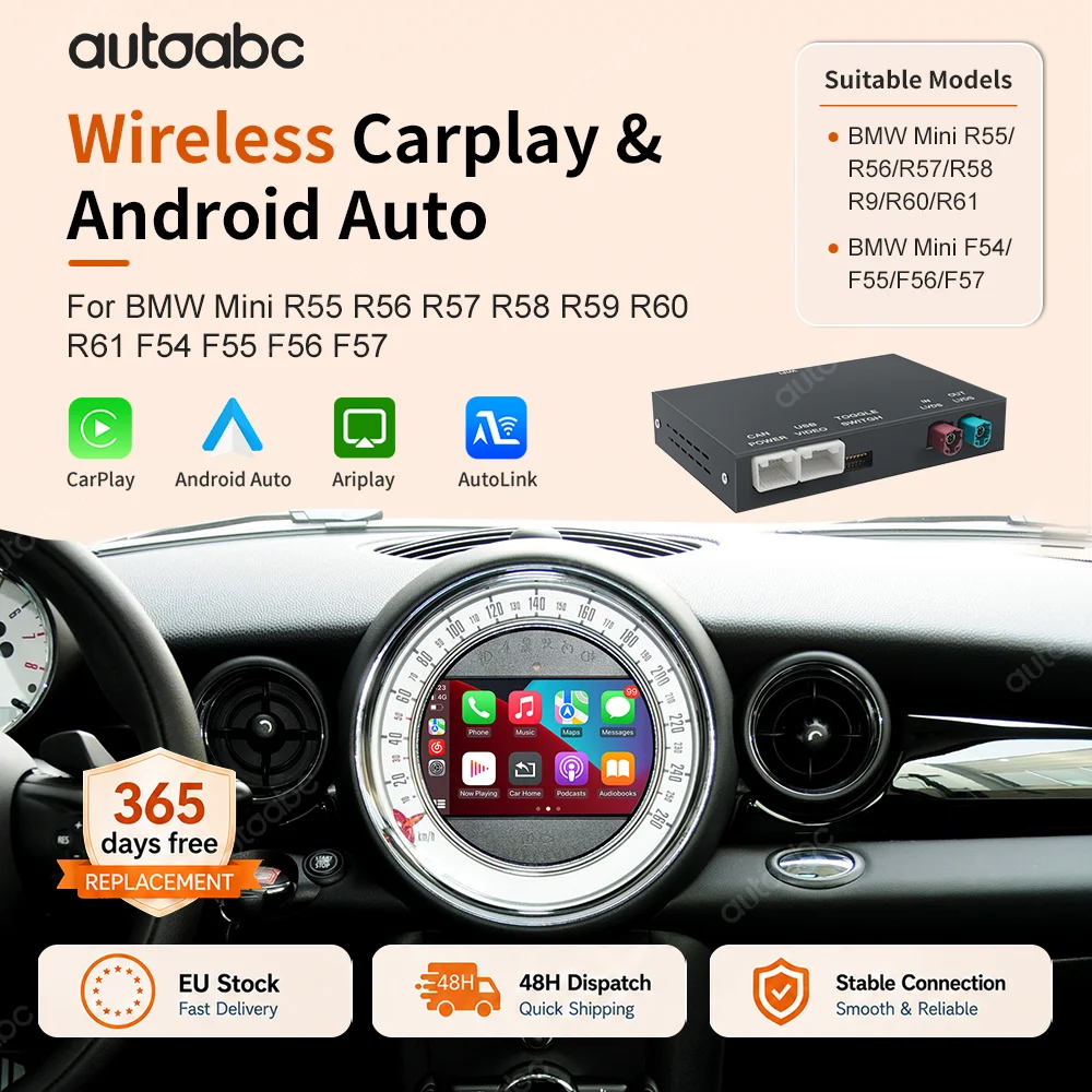 AUTOABC CarPlay sans fil pour BMW Mini R55 R56 R57 R58 R59 R60 R61 F54 F54 F55 Clubman Countryman Hardtop John Cooper F56 F57 Décodeur Android Auto GPS Navigation BT Mirrorlink AirPlay Module