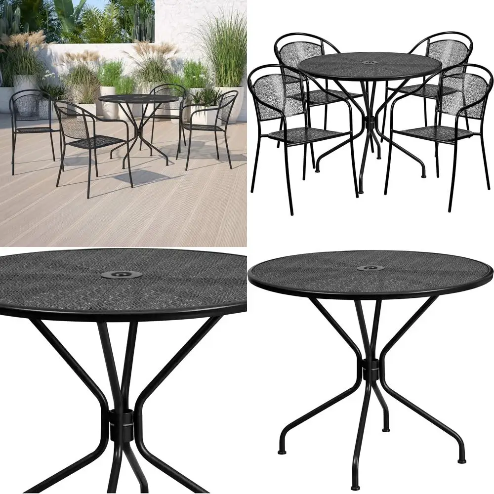 

Commercial Grade 35.25 Round Black Steel Patio Table Set with 4 Back Chairs for Indoor and Outdoor Use