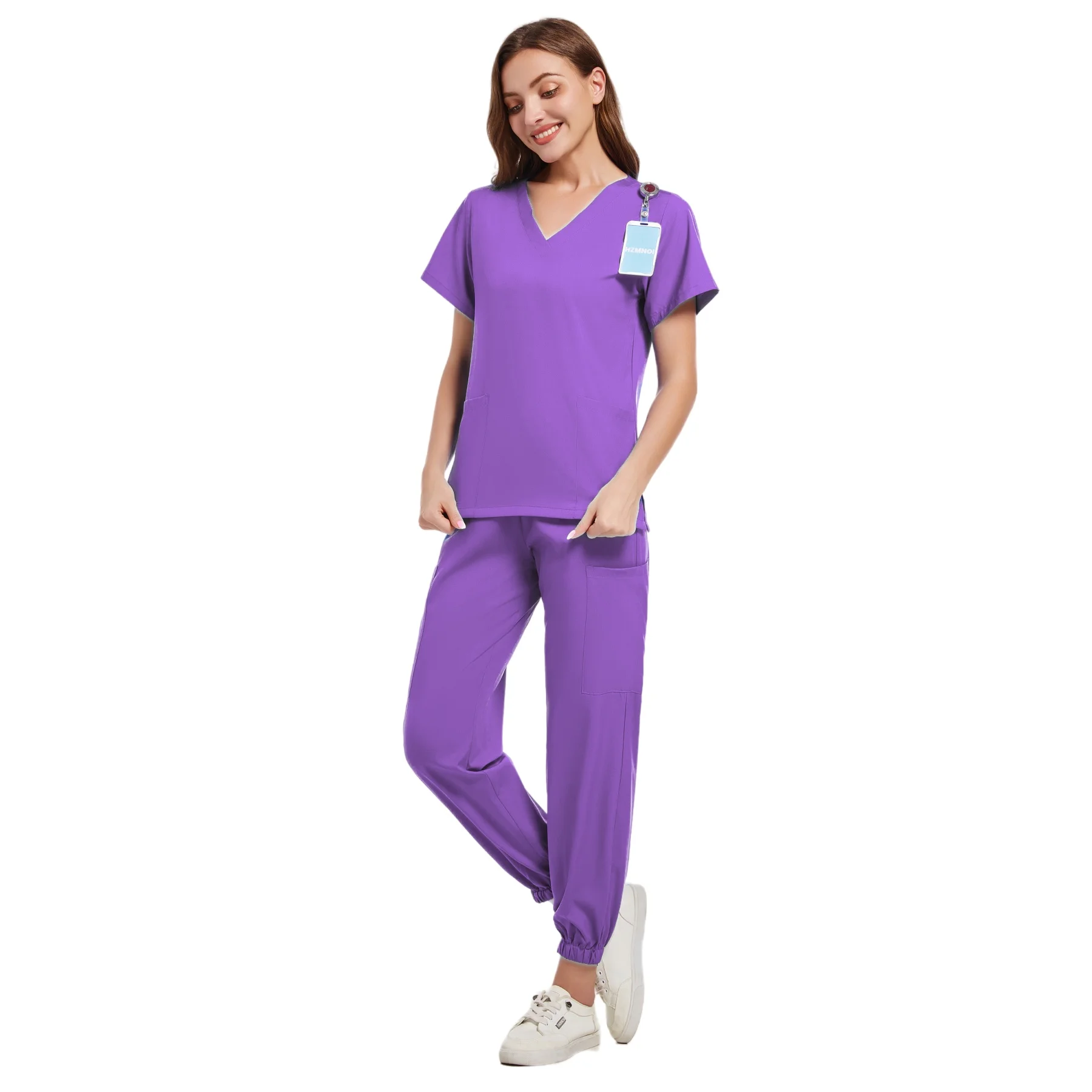 Conjunto Uniforme Esfrega Elástico feminino, Vestidos Cirúrgicos Hospitalares, Tops de Manga Curta, Terno de Calça Bocador, Roupas Médico, Acessórios Médicos