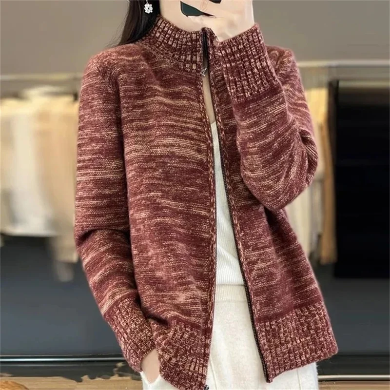 2024Autumn Winter Half-high Collar Cardigan Versatile Female Sweater Jacket Temperament Casual Women Zipper Knitted Sweater Coat