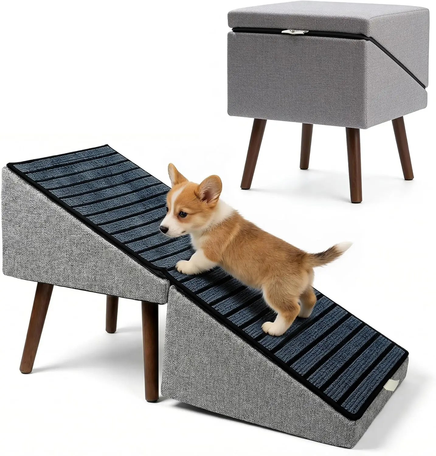 2-in-1 Dog Ramp and Stairs for Bed and Couch, 17 Inch High,Foldable Ottoman Ramp with Non-Slip Replaceable Carpet, Joint Relief