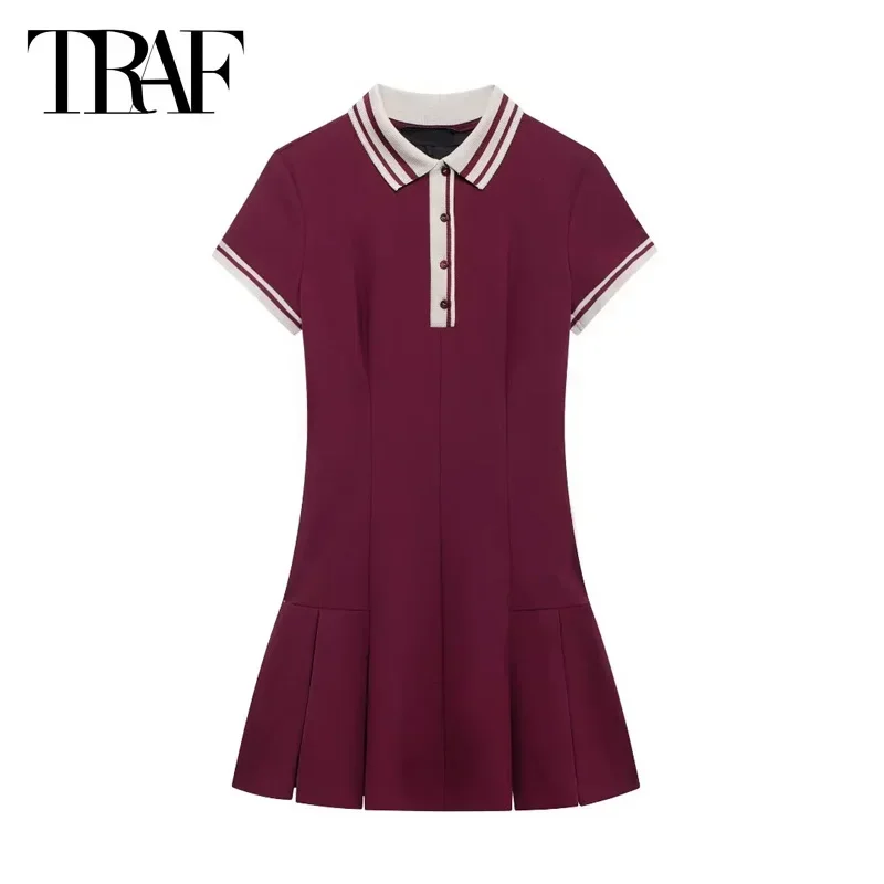 TRAF Stripe Pleated Mini Dress Women\'s Dresses Winered Short Dresses 2024 Summer Autumn Ladies Fashion Casual Short Sleeve Dress