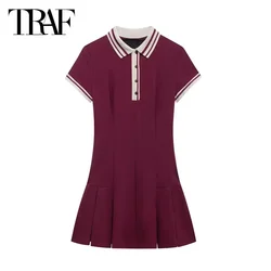 TRAF Stripe Pleated Mini Dress Women's Dresses Winered Short Dresses 2024 Summer Autumn Ladies Fashion Casual Short Sleeve Dress