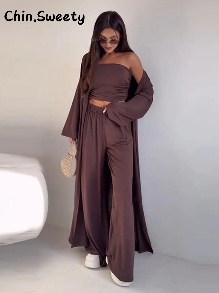 

Fashion Trousers Sets Women Strapless Crop Tops Full Sleeve Long Shirt High Waist Wide Leg Pant 2025 Summer Lady Casual 3 Pieces