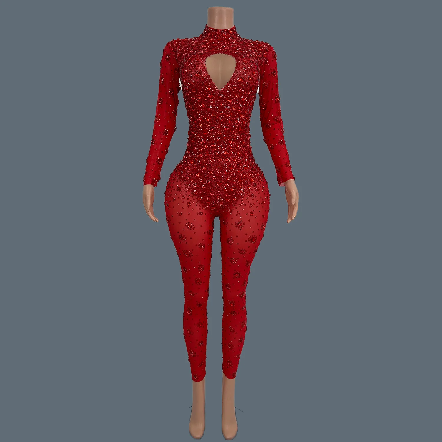 Sparkly Red Rhinestones Elegant Jumpsuit For Women Birthday Party Outfit Sexy Performance Dance Costume Photo Shoot Wear Cuican