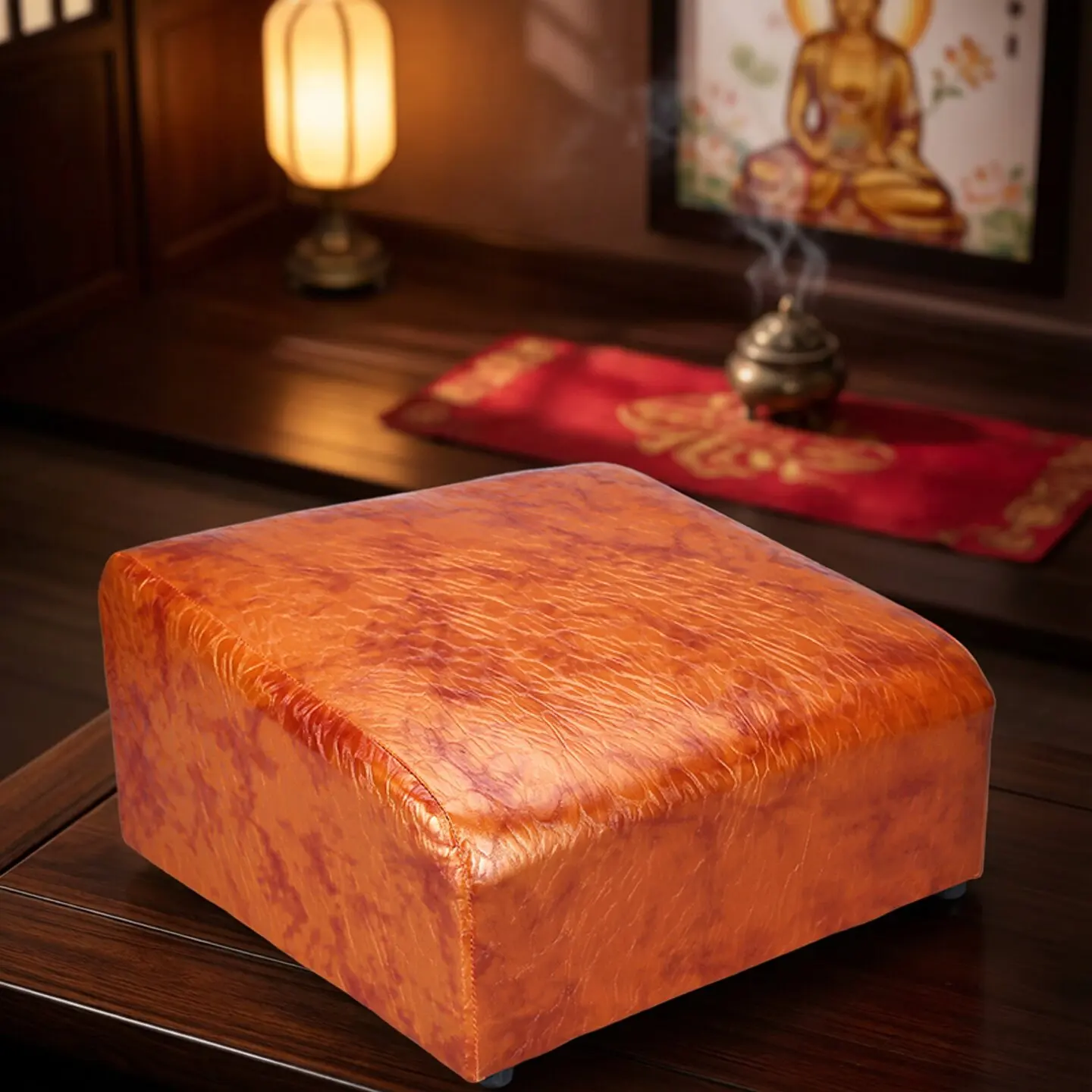 CZ square leather solid wood worship mat household Buddha mat embroidery pattern worship chair hall