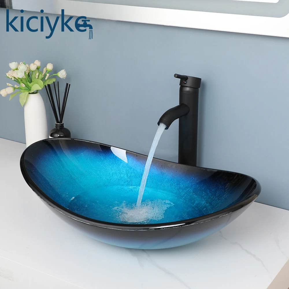 

Oval Blue Tempered Glass Vessel Sink Matte Black Faucet Combo Bathroom Countertop Wash Basin Set with Pop Up Drain Combo Kit