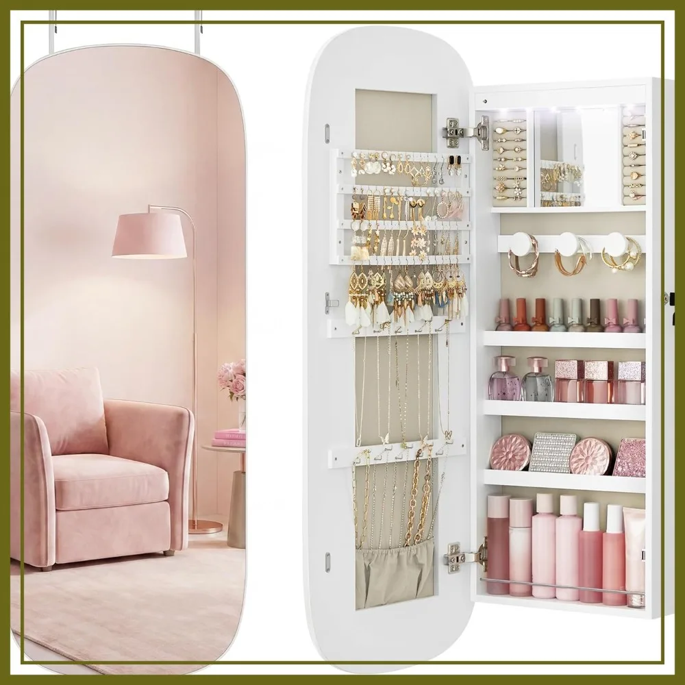 Full Length Mirror with Storage, Wall or Over Door Jewelry Organizer Cabinet, Built-in LED, Lockable, White
