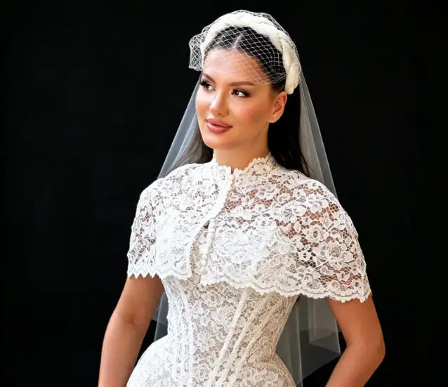Lagom Customized Elegant Lace Detachable Shawl A-line High Neck Mini-Length Corset Boning Waist Wedding Dress Vestidos De Noiva