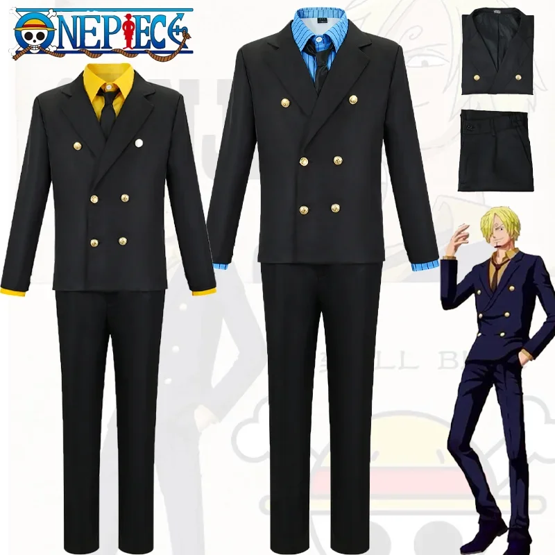 Anime One Piece Sanji Cosplay Costume Blue Yellow Shirt Suit Uniforms Full Set Halloween Party Role Play Outfit for Adult Men