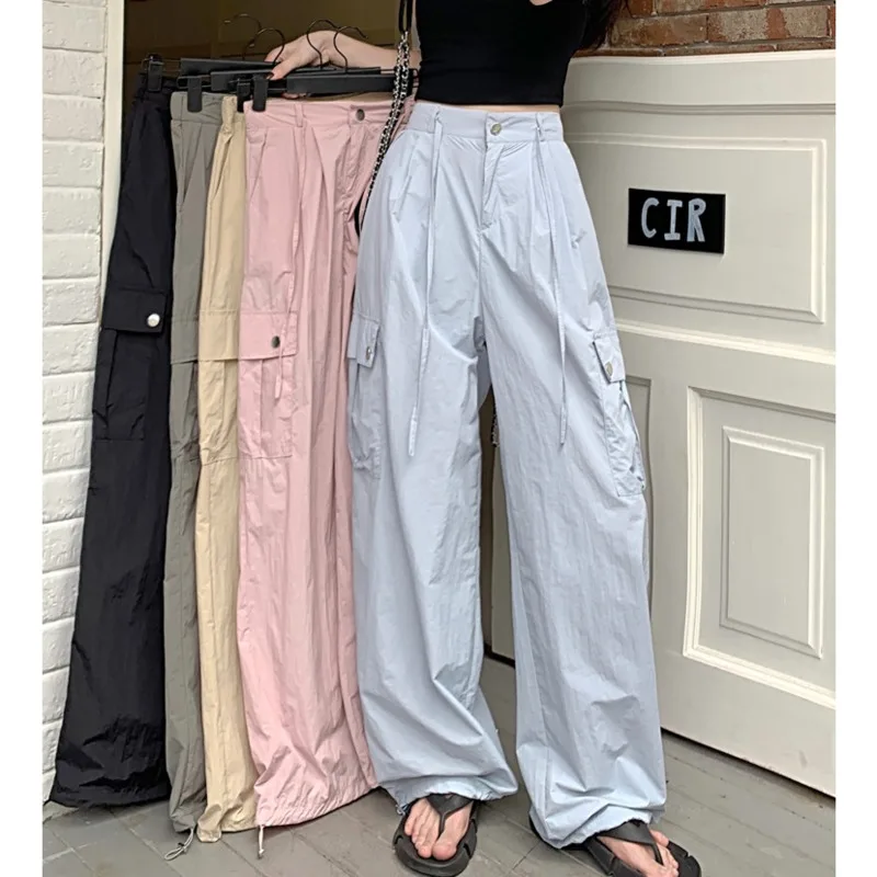 

American Overalls Casual Pants Women Autumn New Hip Hop Elastic Waisted High Waist Straight Wide Leg Trousers Loose Streetwear