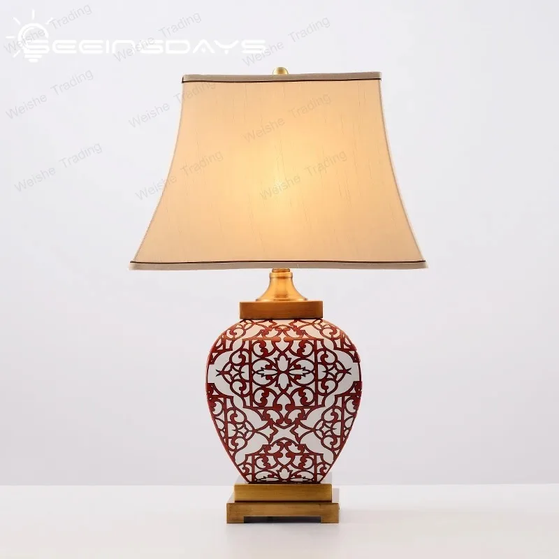 

New Chinese Red Ceramic Table Lamp Retro Living Room Sofa Corner Few Decorative Bedroom Bedside Red Wedding Dowry Lamp