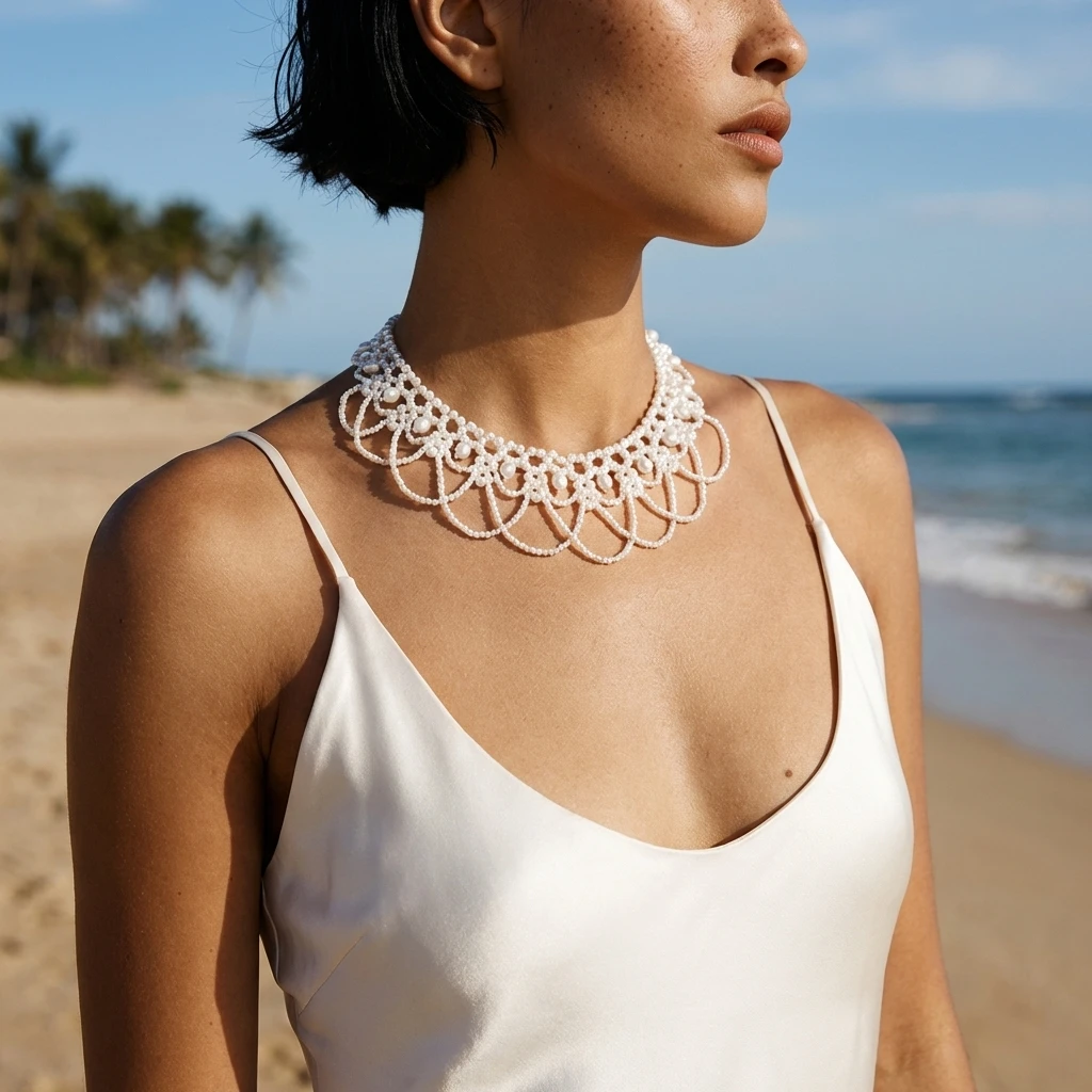 Elegant Faux Pearl Beaded Bib Necklace Boho Statement Choker Fake Collar for Women Summer Beach Bridal Dress Accessories