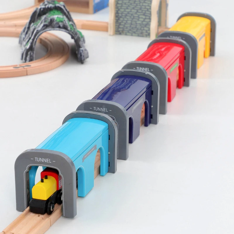 プラスチックトンネル付き木製鉄道トラックアクセサリー,ブランドのビルディングブロック,子供のおもちゃ,ギフト