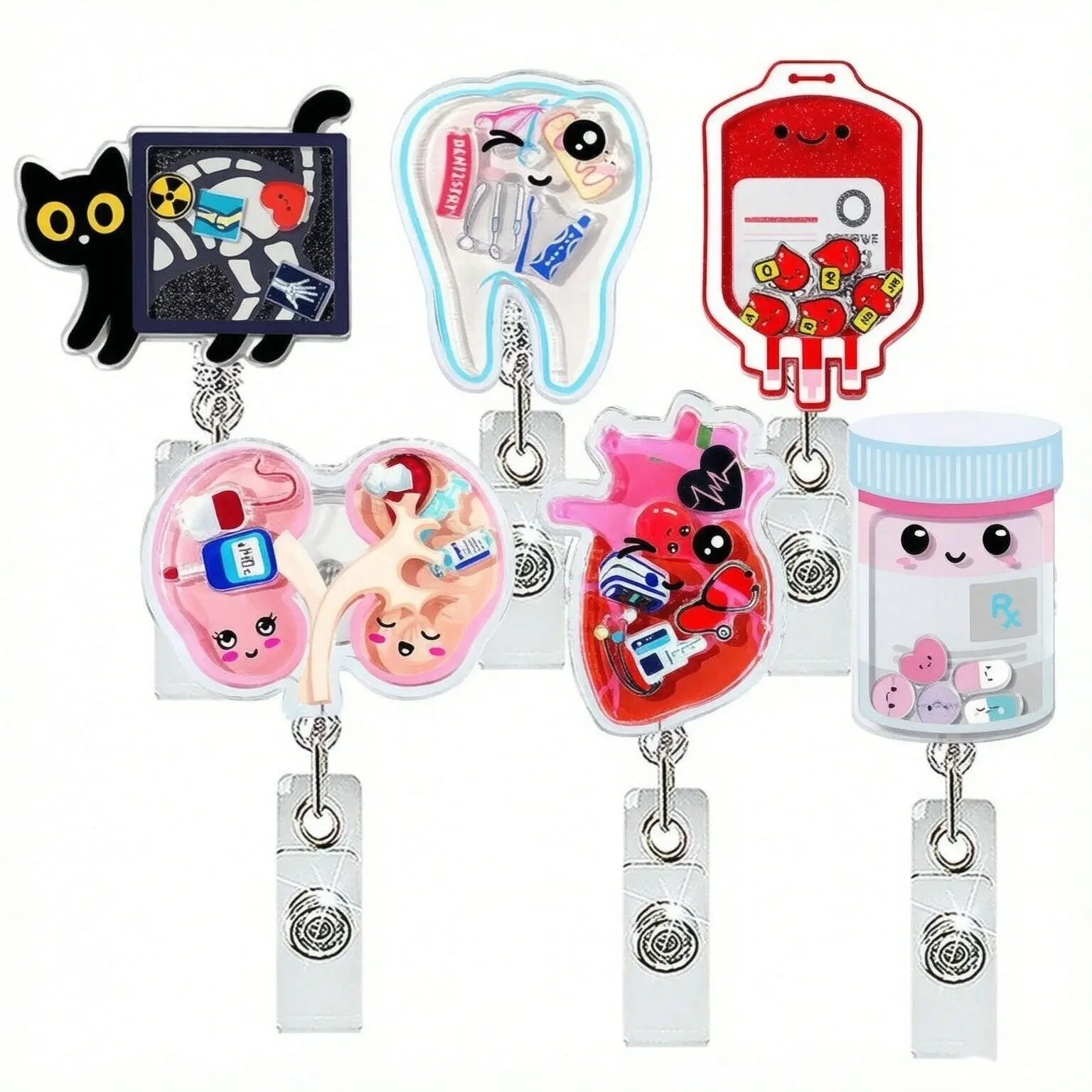 2026 New Design 1 Piece Shake Acrylic Anime Cat Heart Tooth Pills Bottle Retractable Nurse Badge Reel Doctor ID Card Holder