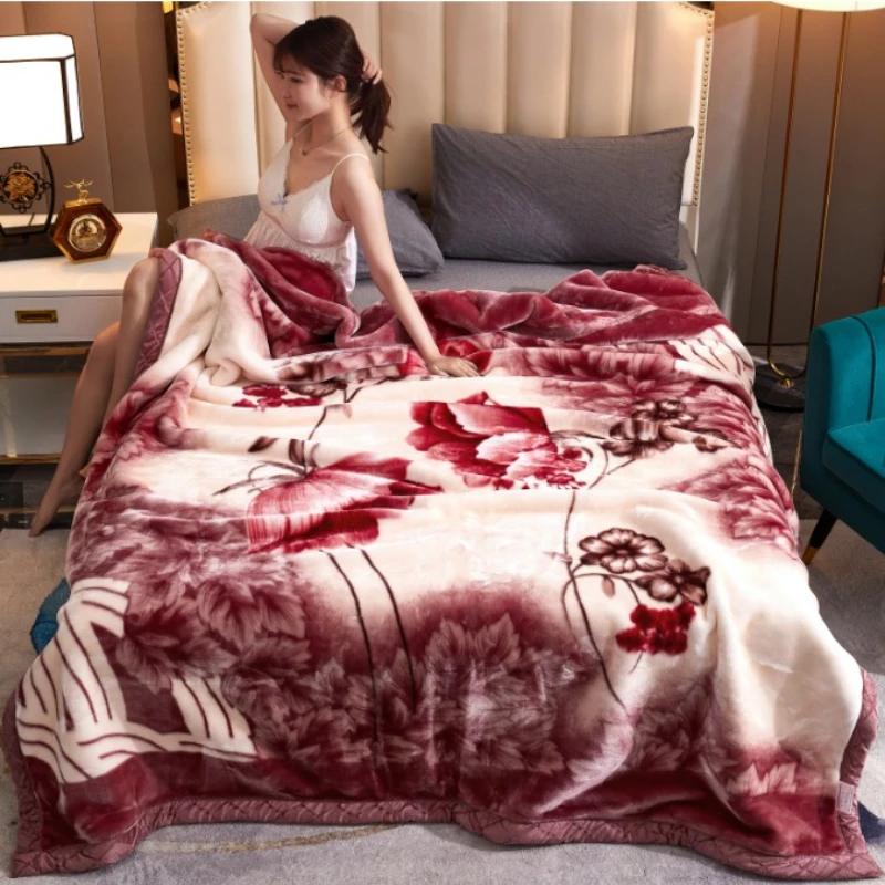 

Double Layer Winter Thicken Raschel Plush Weighted Blanket For Bed Warm Heavy Blankets Throw Printed Flowers Fluffy Soft Carpet