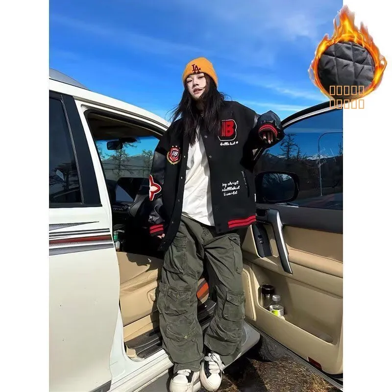 

American Sle Heavyweight Loose Couple Jaets Men Women 2025 Patchwork Leather Color Colion Baseball Clothes Cotton Thic...