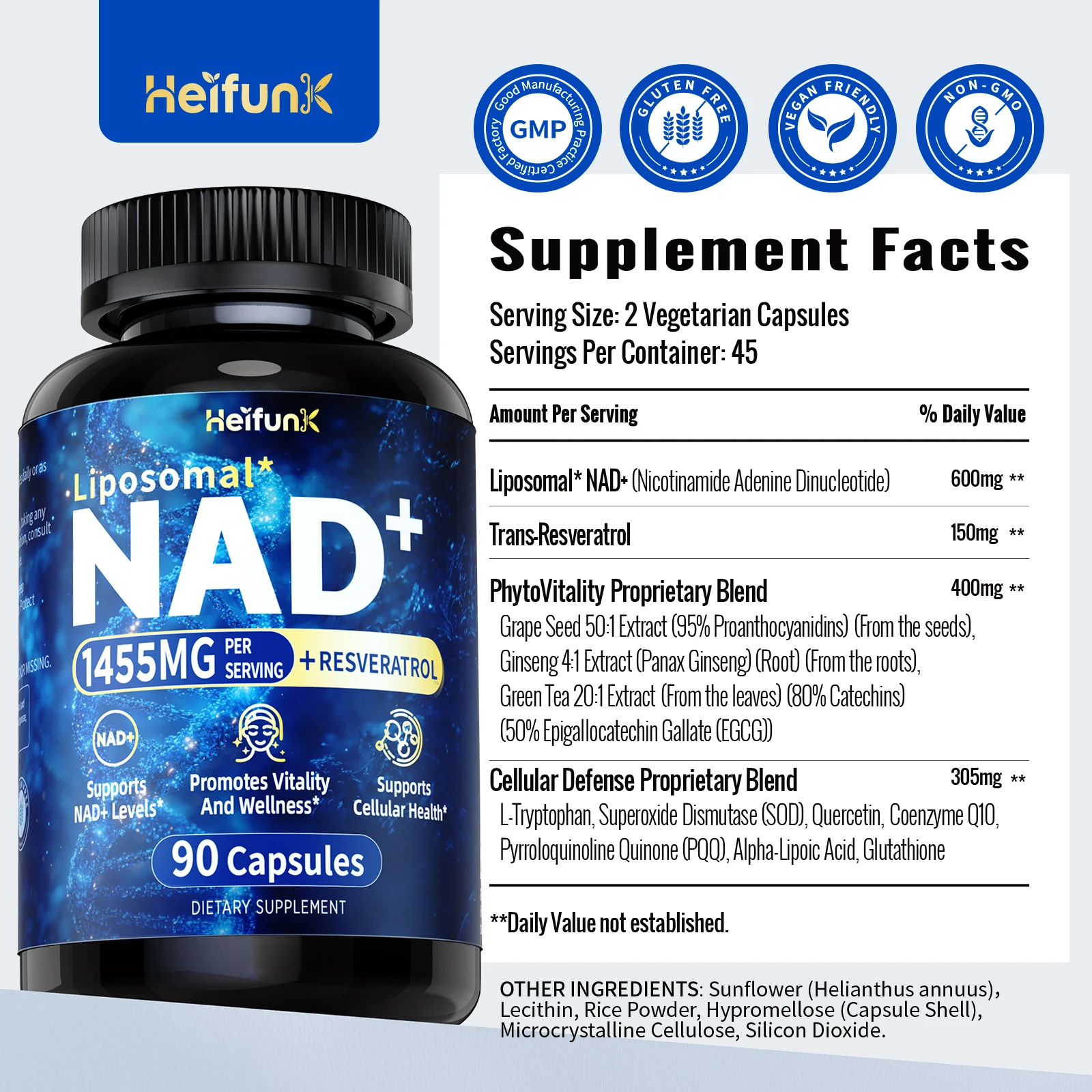 90 Kapseln NAD+ Nahrungsergänzungsmittel für Energie & Anti-Aging-Unterstützung