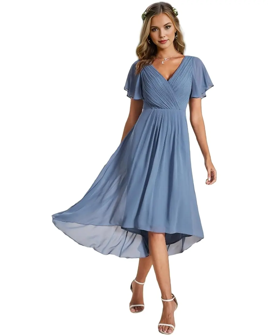 Women's Chiffon V-Neck Short Wedding Guest Dress with Ruffled Sleeves prom party bridesmaid dresses evening summer