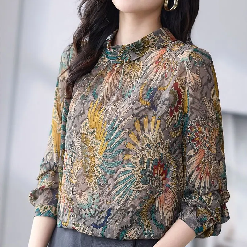 Vintage Folk Floral Printed Stand Collar Blouse Casual Loose Chic Diamonds 2023 Spring Autumn Female Clothing Long Sleeve Shirt