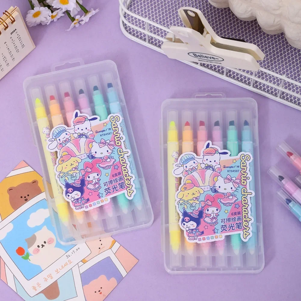 6pcs/box Kawaii Cute Kuromi Hello Kitty Cartoon Highlighter Pen Diary Examination Profile Marker Pen Pupil Study Stationery Gift