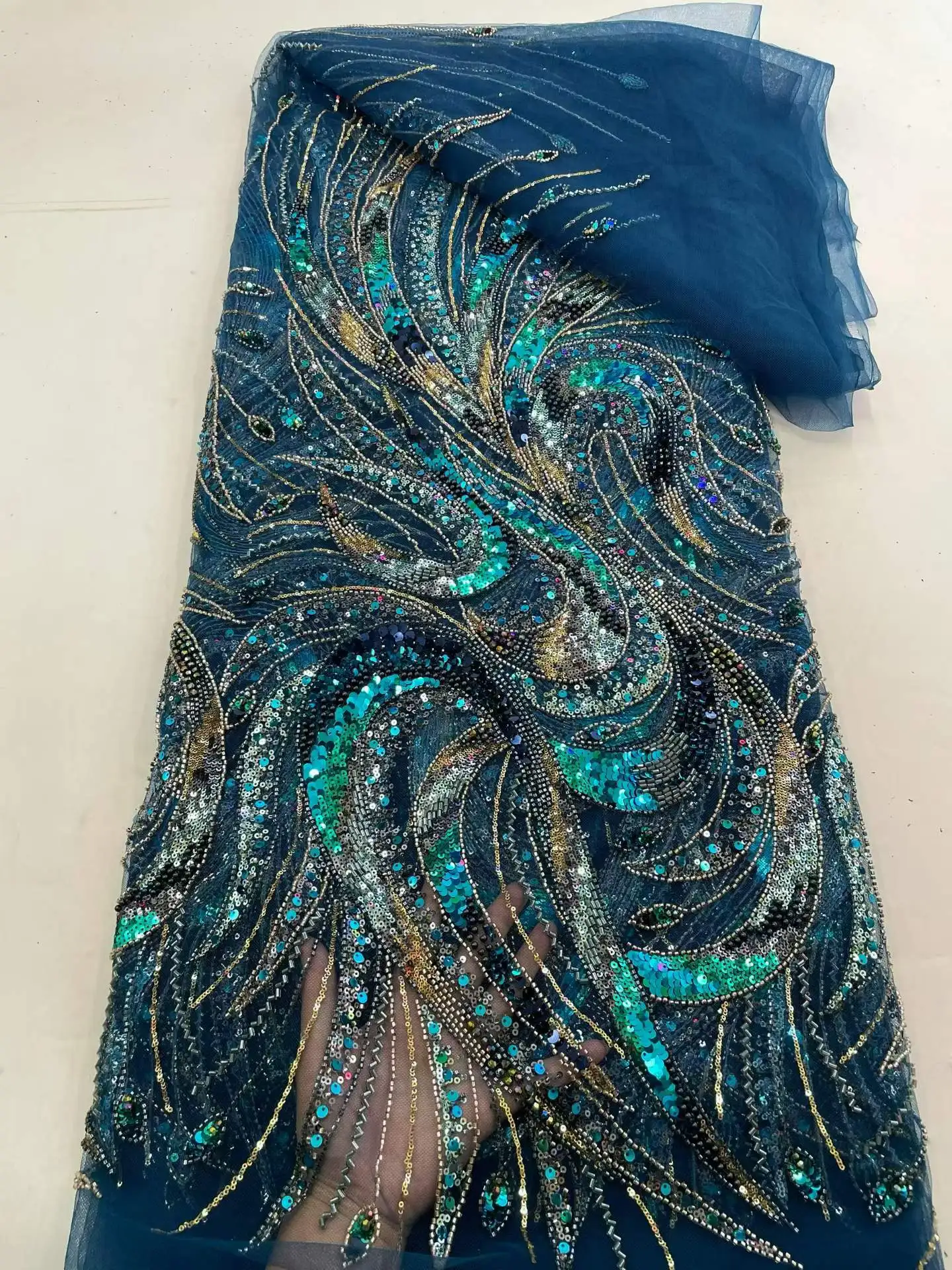 Luxury African Groom Beaded Embroidery Lace Fabric 2026 French Nigerian Sequins Lace For Party Evening Dress 5 Yards Material