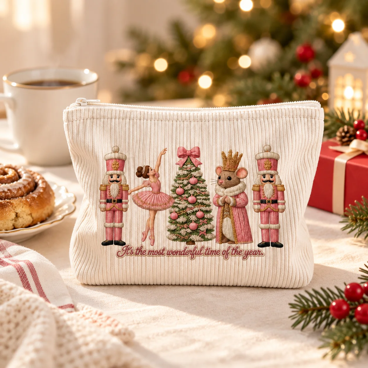 Nutcracker Print Cosmetic Bag Corduroy Soft Makeup Pouch Large Capacity Travel Toiletry Organizer Storage Case for Women Girls