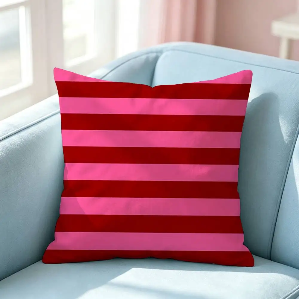 Pink White Stripe pattern Square Double-Sided printed Pillow Case Bedroom Bedside Pillow Sofa Cushion Cover - view 3